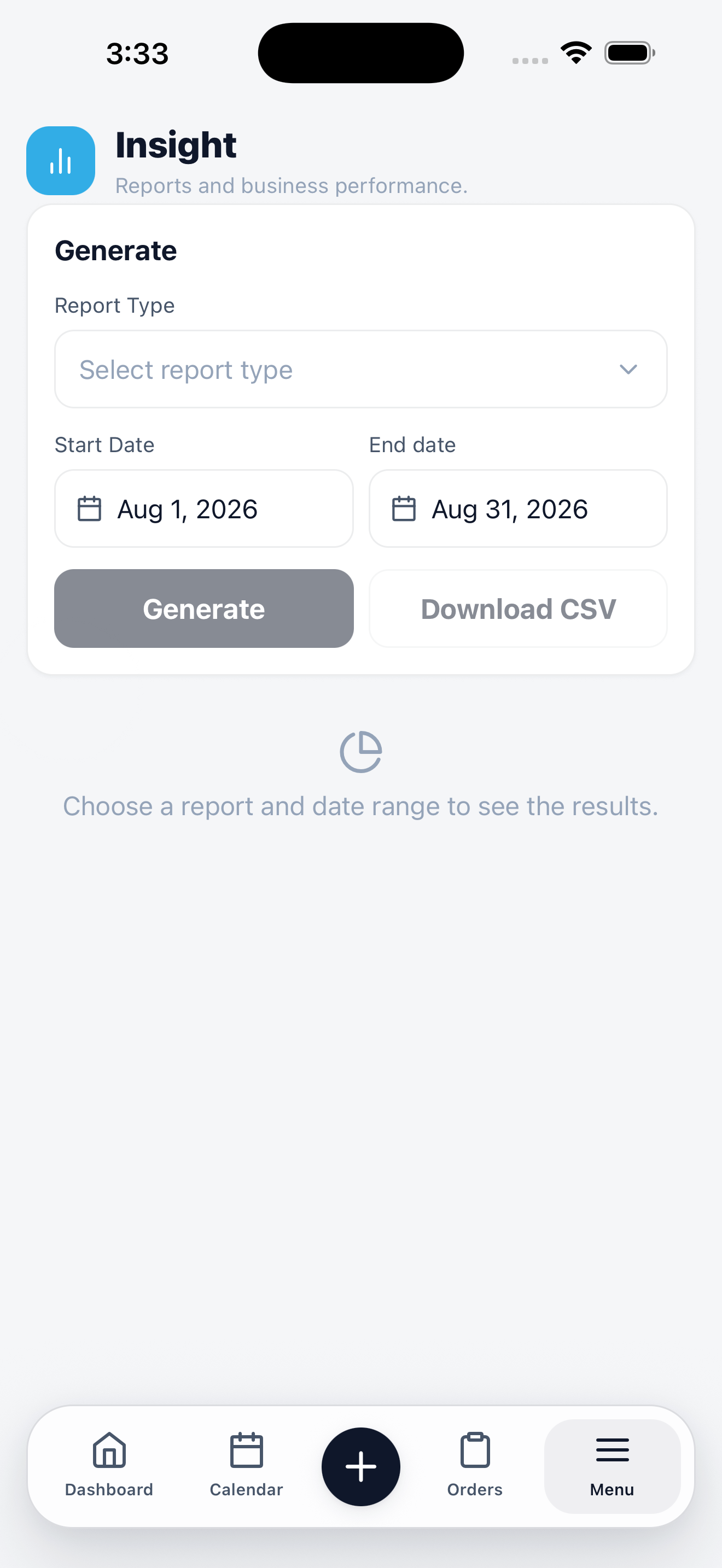 Mobile Insight screen with a report type selector, start and end date fields, a Generate button, and a Download CSV action.