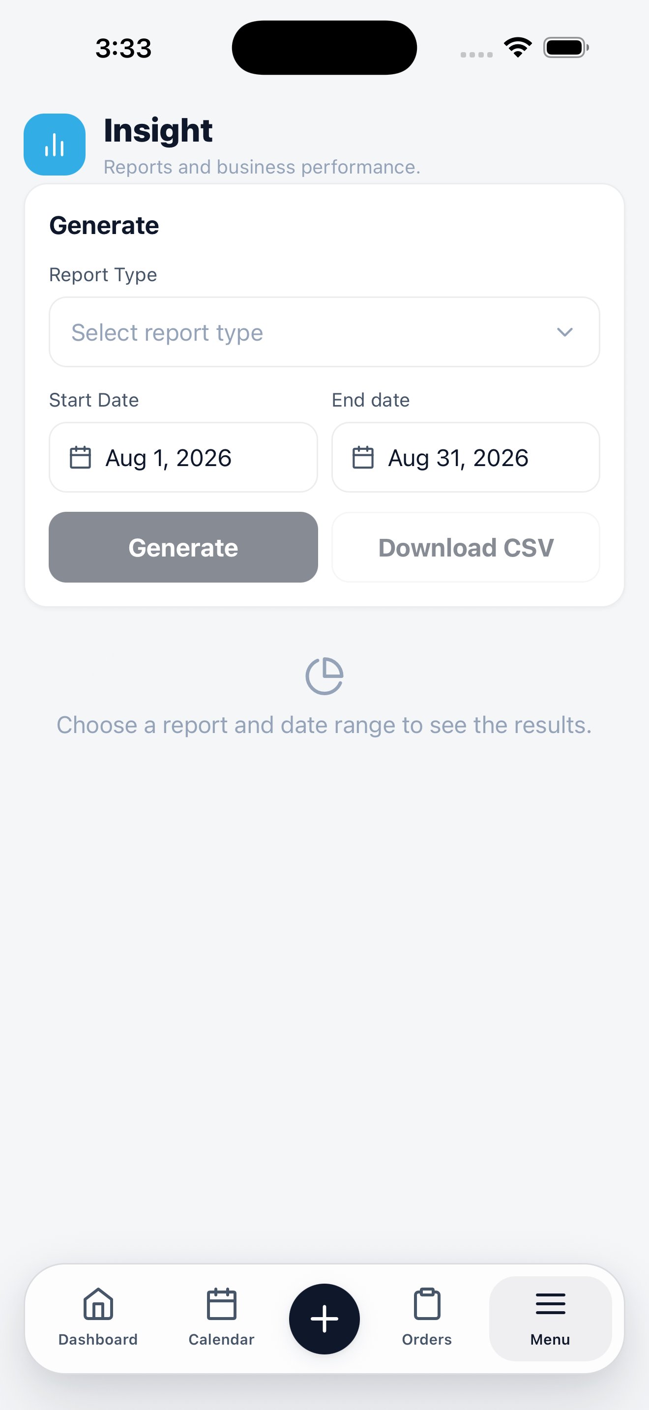 Mobile Insight screen with a report type selector, start and end date fields, a Generate button, and a Download CSV action.