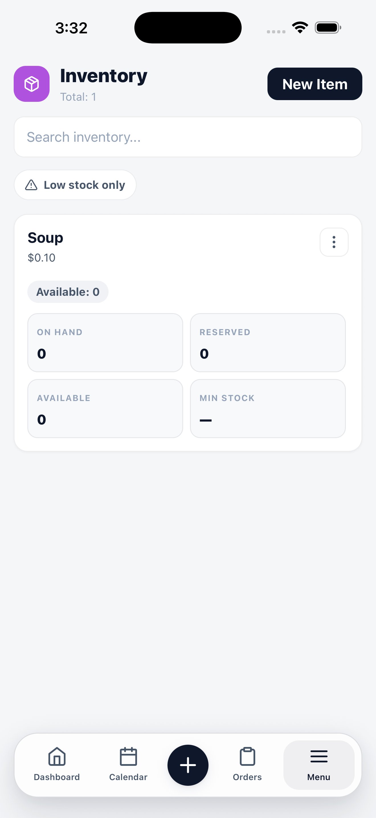 Mobile inventory screen showing an item with price and On Hand, Reserved, Available, and Min Stock counts, plus a low stock filter.