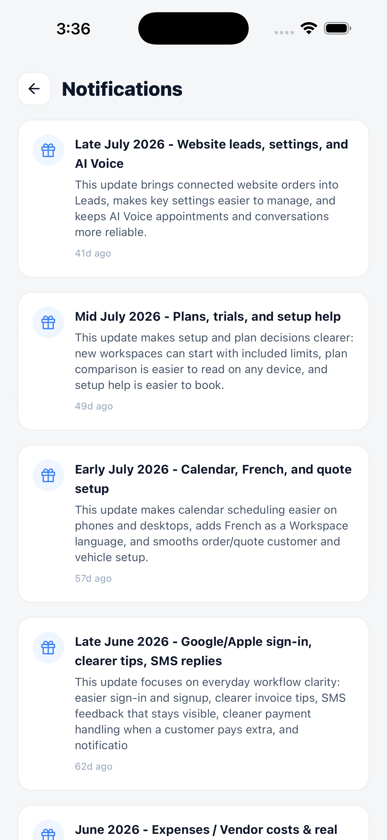 Notifications screen listing product updates with dates and short summaries.