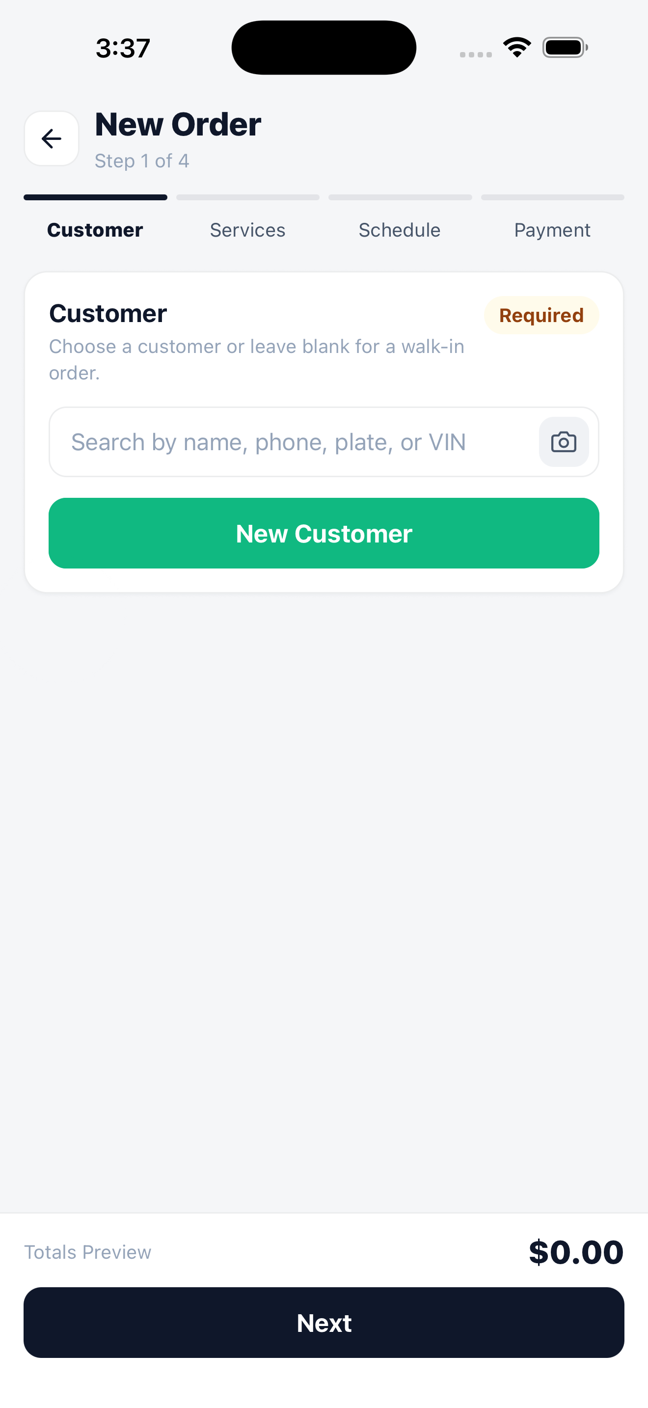 Step one of the new order wizard, showing the Customer, Services, Schedule, and Payment steps with a customer search field and a totals preview pinned to the bottom.
