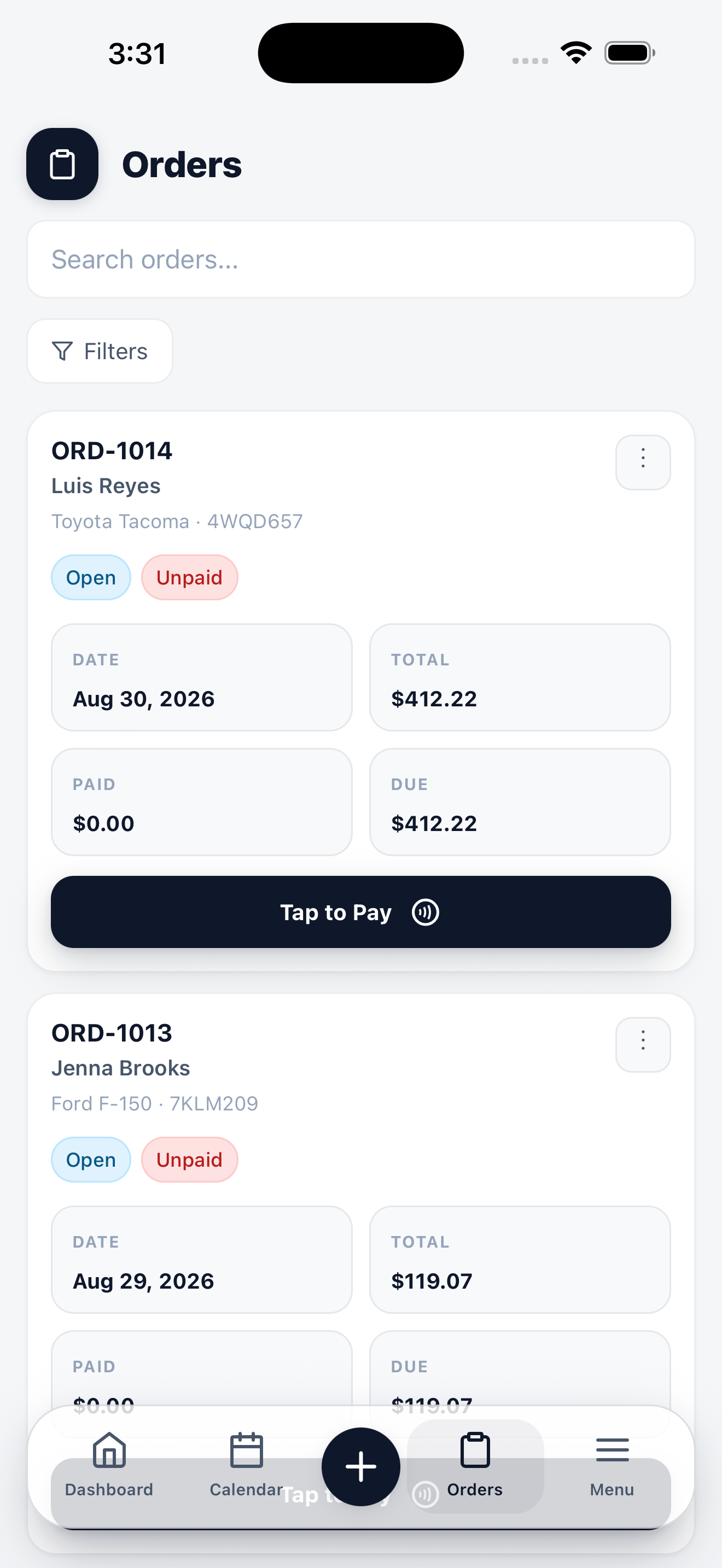 Mobile order list showing order cards with order number, customer name, dates, totals, status chips, and a Tap to Pay button.
