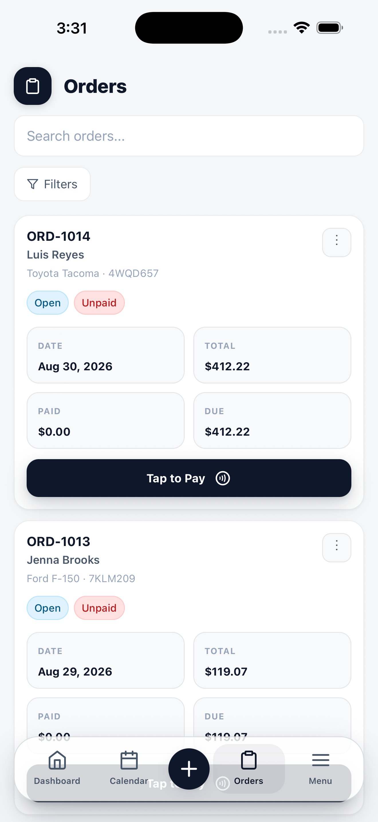 Mobile order list showing order cards with order number, customer name, dates, totals, status chips, and a Tap to Pay button.
