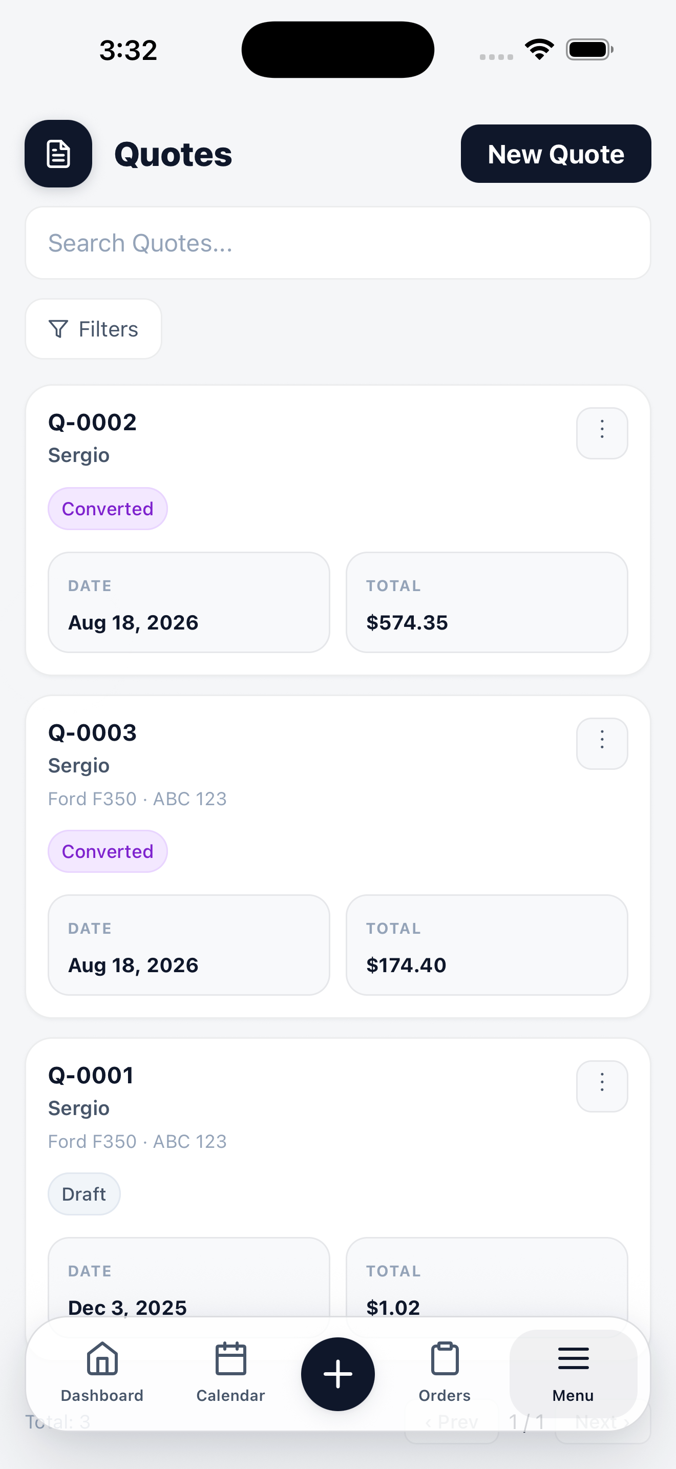 Mobile quote list showing quote numbers, customers, dates, totals, and Converted or Draft status chips.