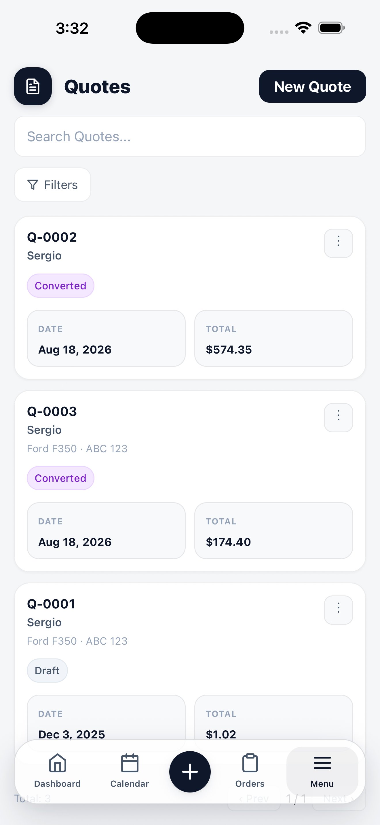 Mobile quote list showing quote numbers, customers, dates, totals, and Converted or Draft status chips.