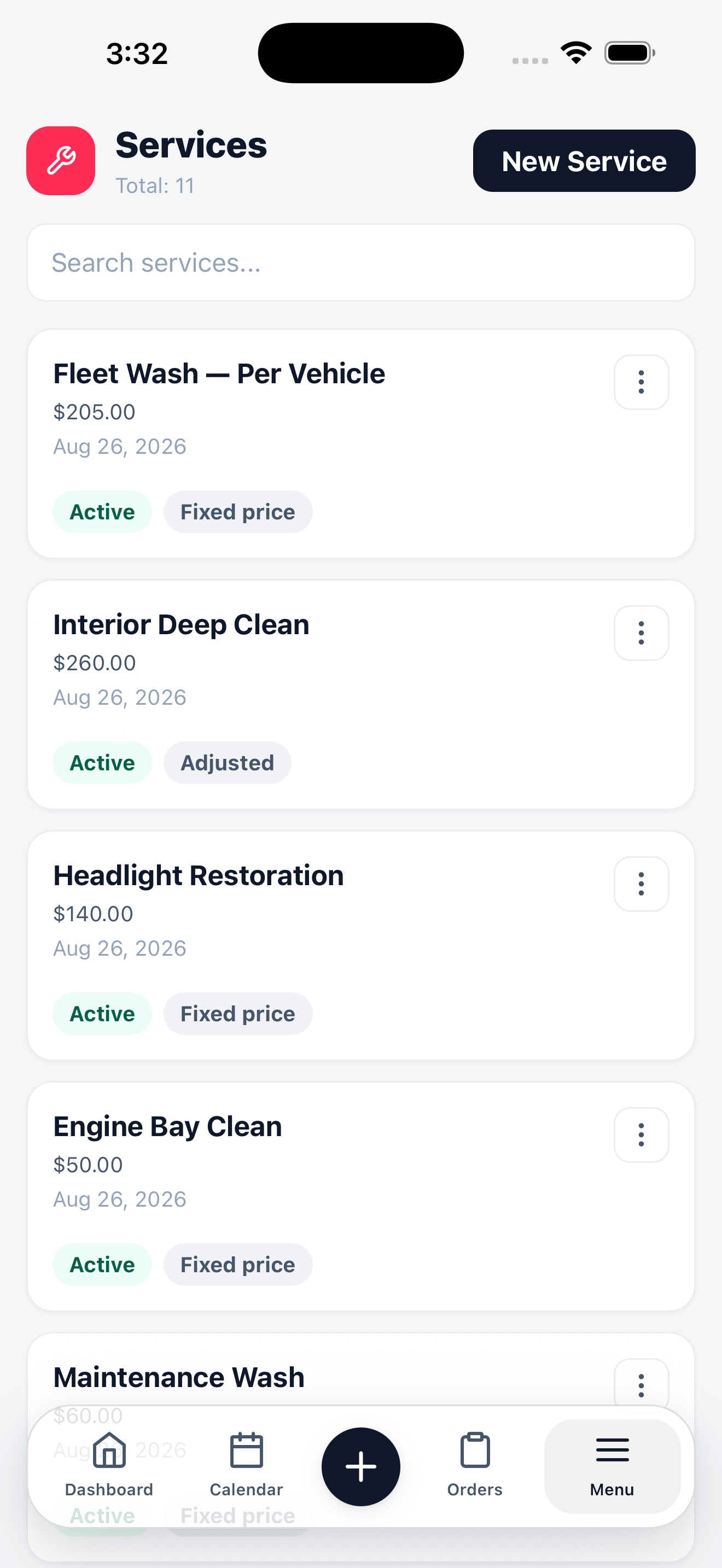 Mobile services list with service names, prices, and Active and Fixed price chips.