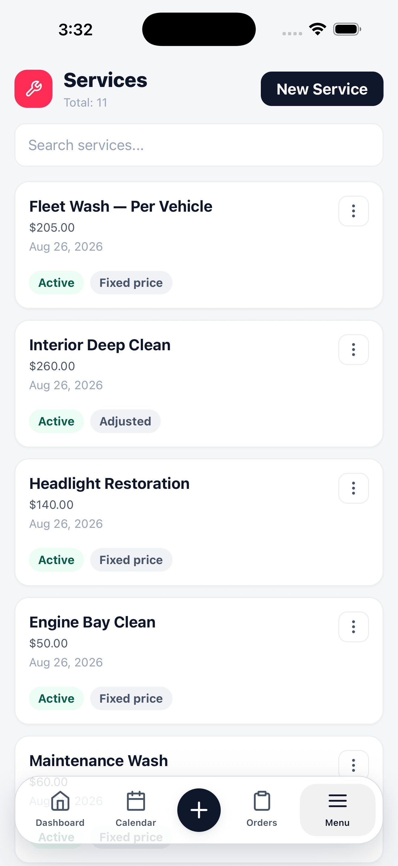 Mobile services list with service names, prices, and Active and Fixed price chips.