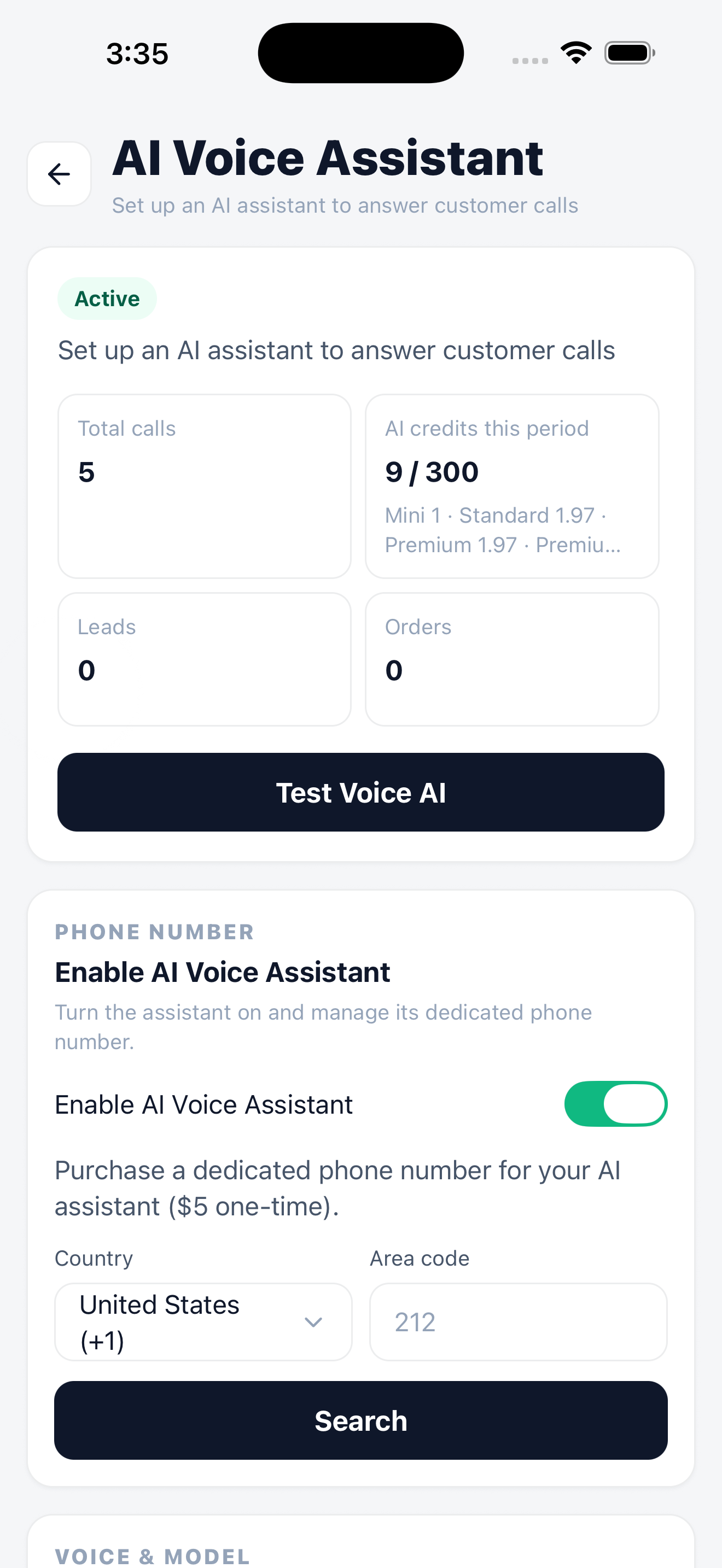 Mobile AI Voice Assistant settings showing the active state, minutes used against the plan allowance, a Test Voice AI button, and dedicated phone number purchase.