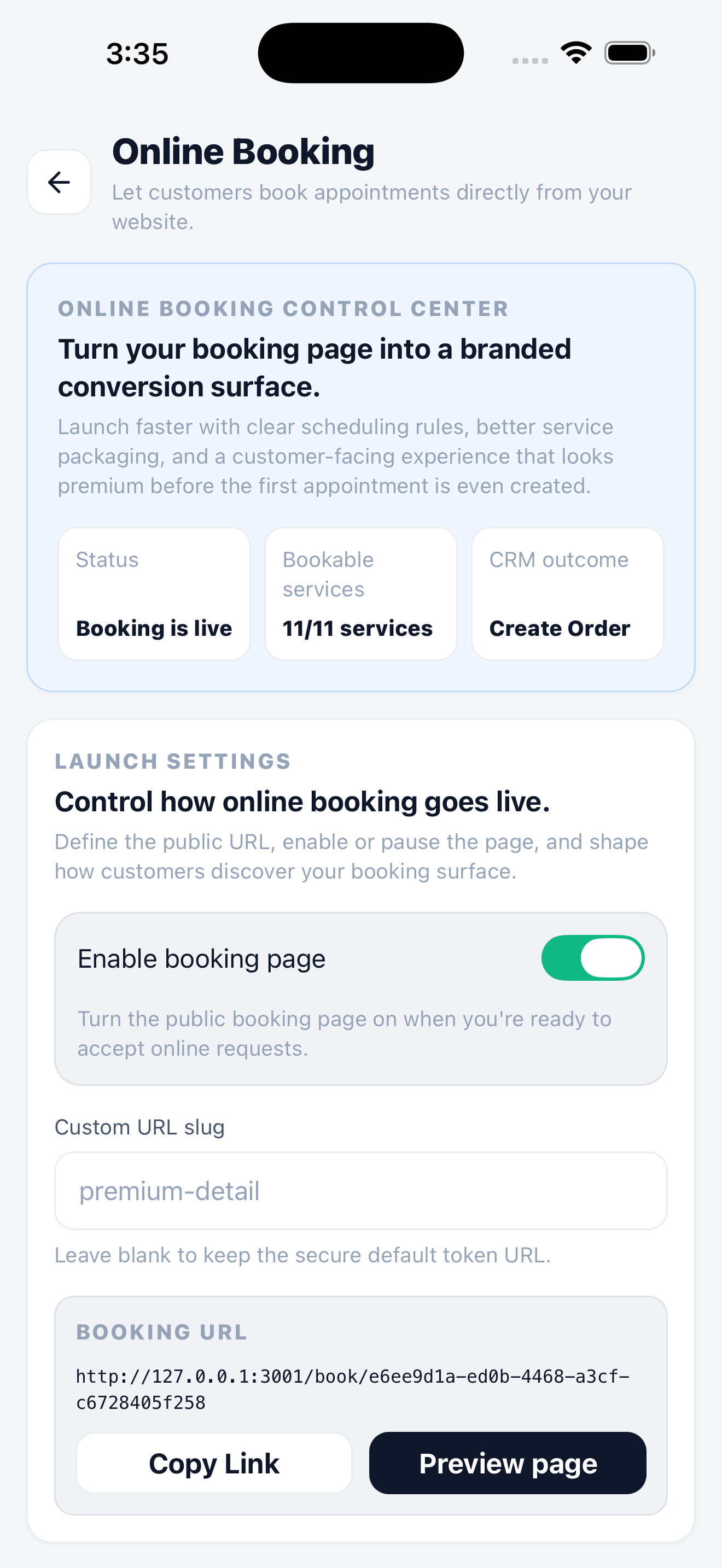 Mobile online booking settings with a toggle to enable the booking page, the booking URL slug, and Copy Link and Preview page actions.
