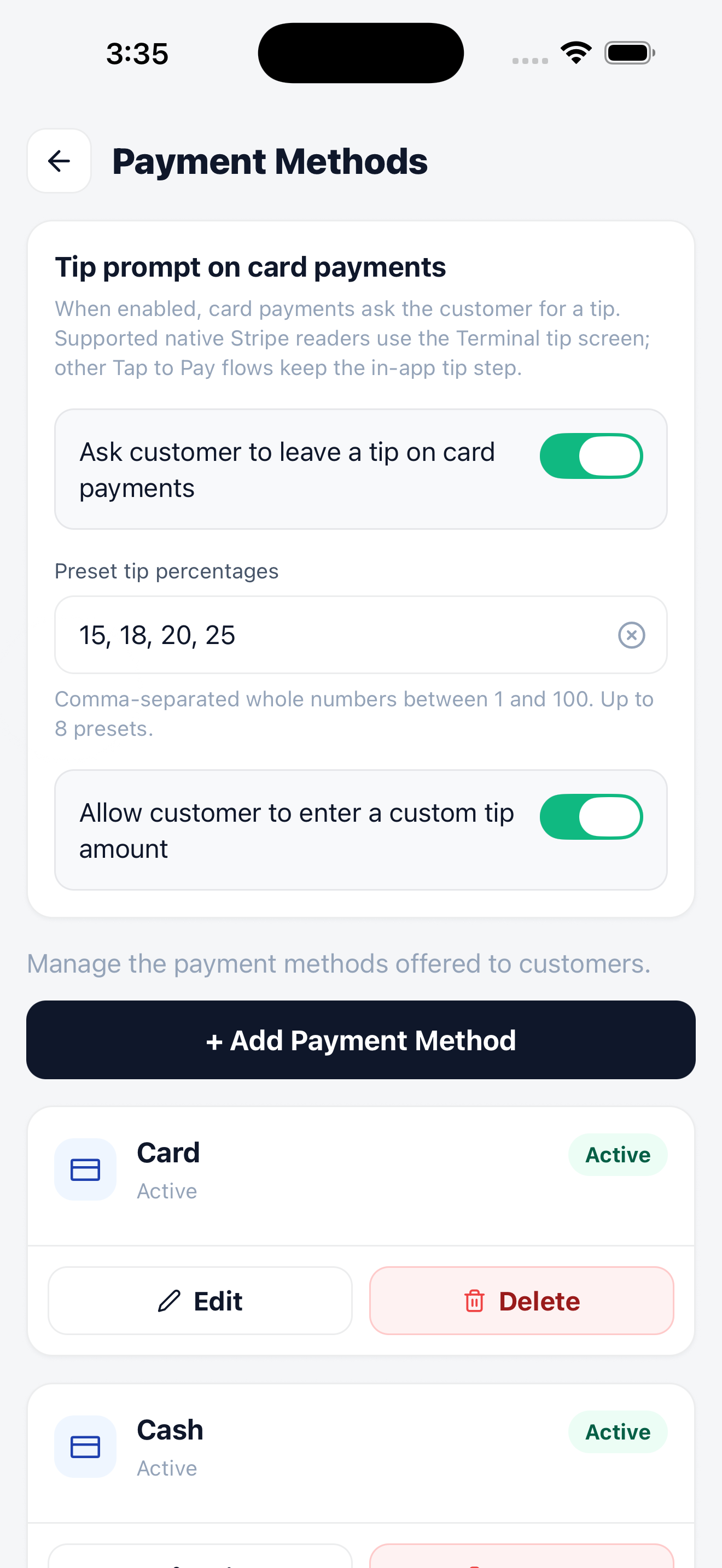 Mobile payment methods settings showing the tip prompt toggle, preset tip percentages, a custom tip option, and the Card and Cash methods.