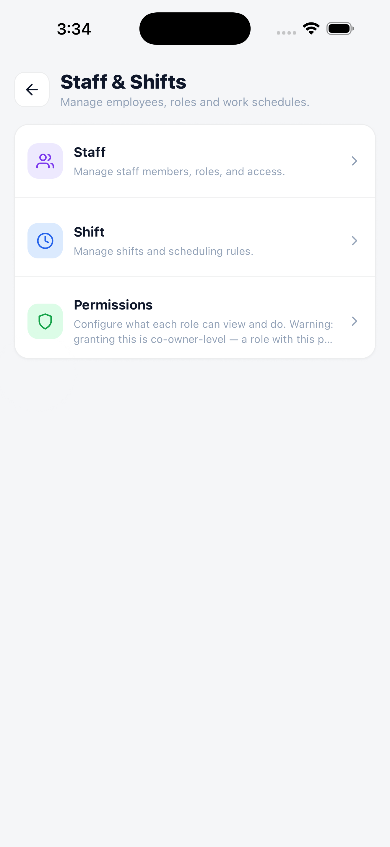 Mobile Staff and Shifts settings listing Staff, Shift, and Permissions sections.