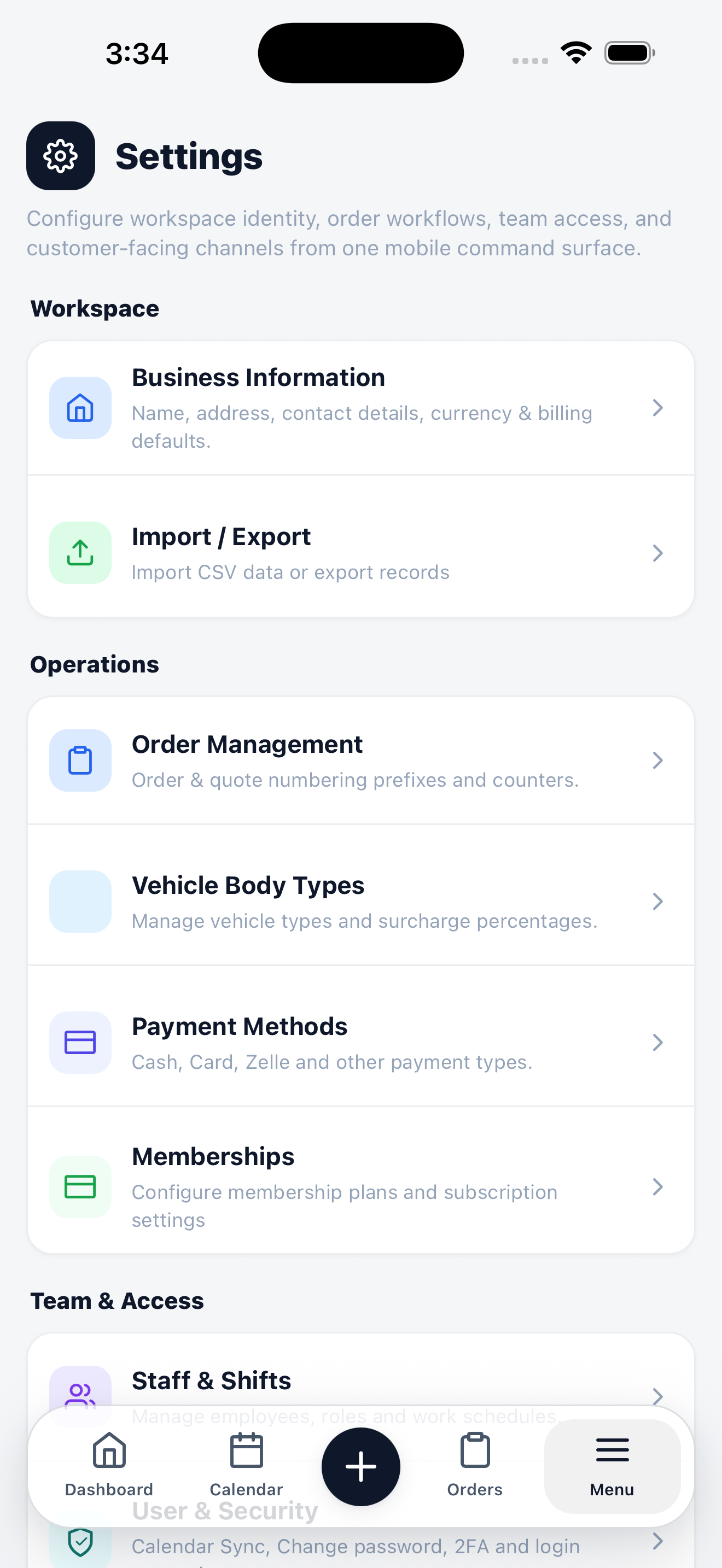 Mobile settings index grouped into Workspace, Operations, and Team & Access sections.