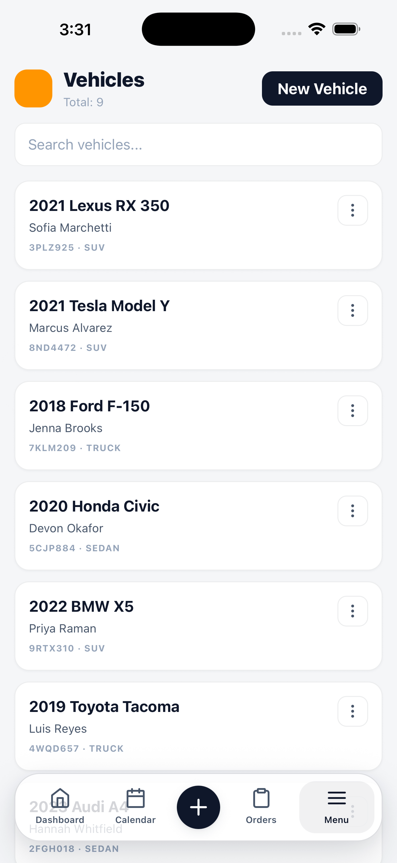 Mobile vehicle list showing year, make, and model with the owner underneath each entry.