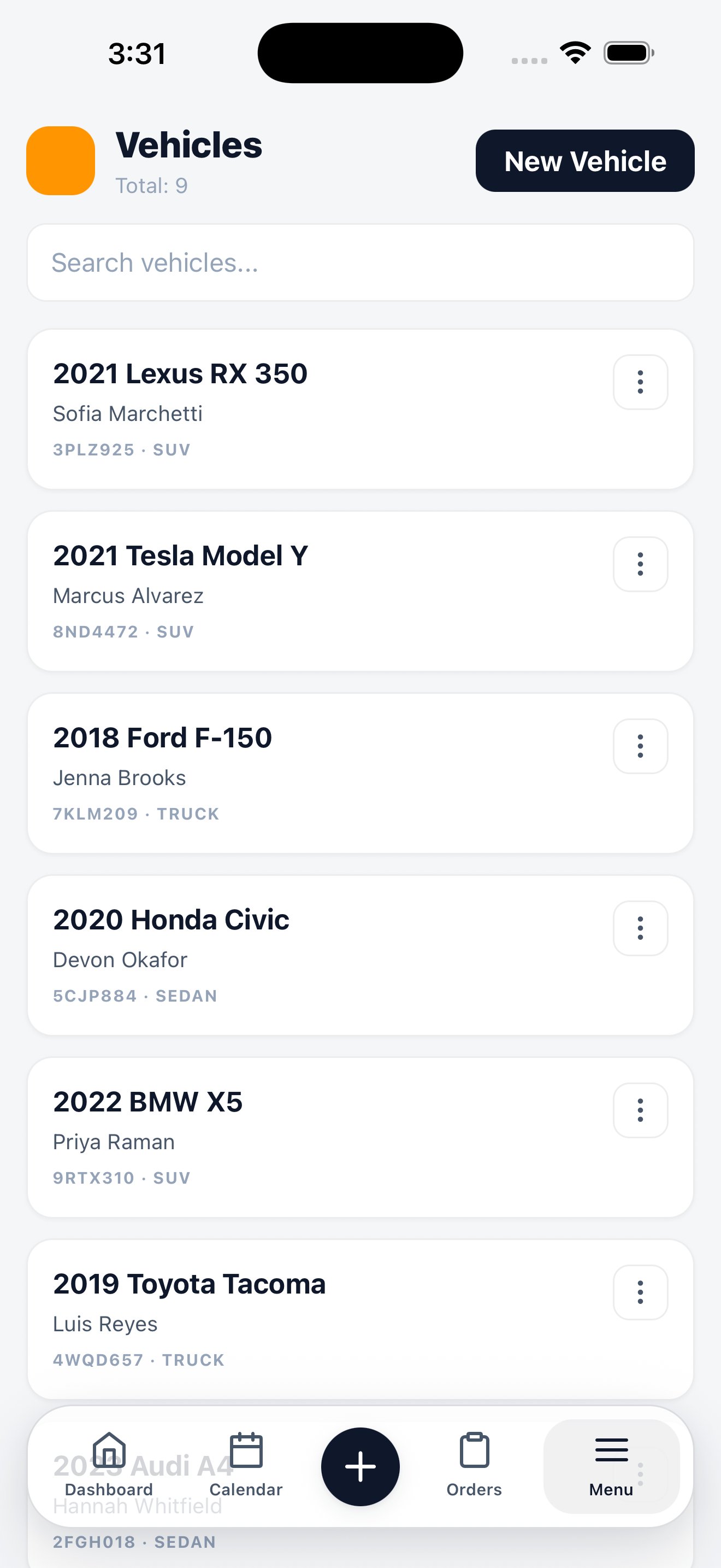 Mobile vehicle list showing year, make, and model with the owner underneath each entry.