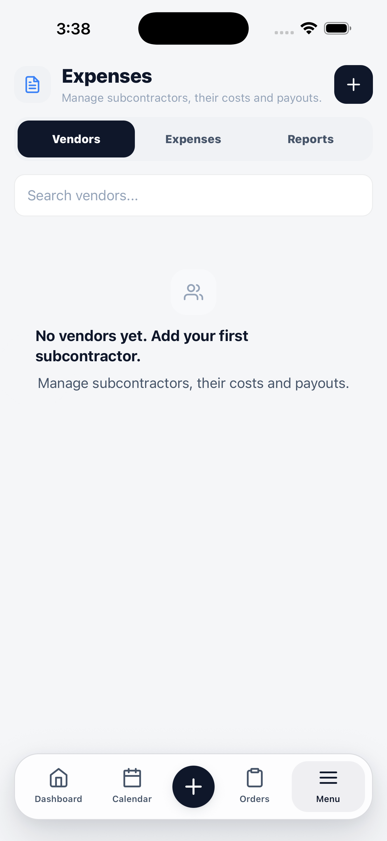 Mobile vendors screen showing the Vendors, Expenses, and Reports tabs with an empty vendor list.