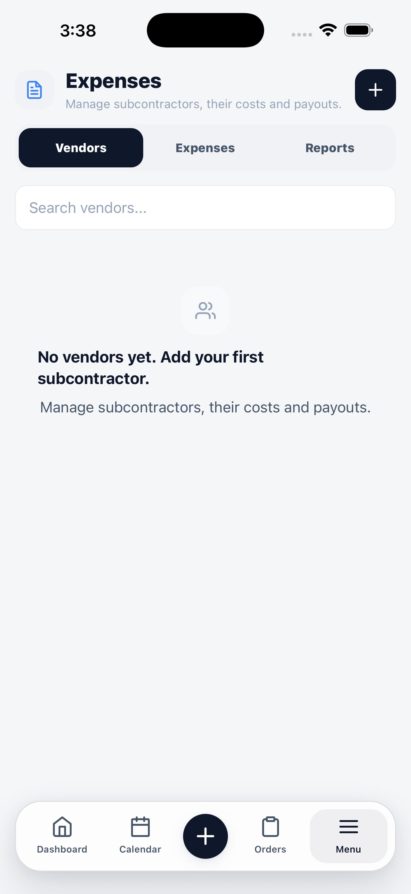 Mobile vendors screen showing the Vendors, Expenses, and Reports tabs with an empty vendor list.
