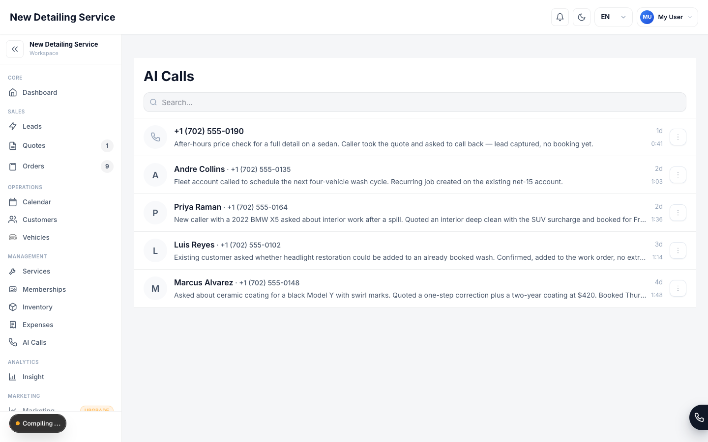The AI Calls screen showing a list of calls handled by the AI Voice Assistant.