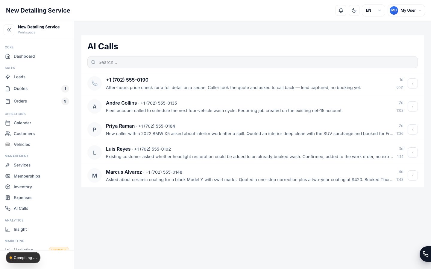 The AI Calls screen showing a list of calls handled by the AI Voice Assistant.