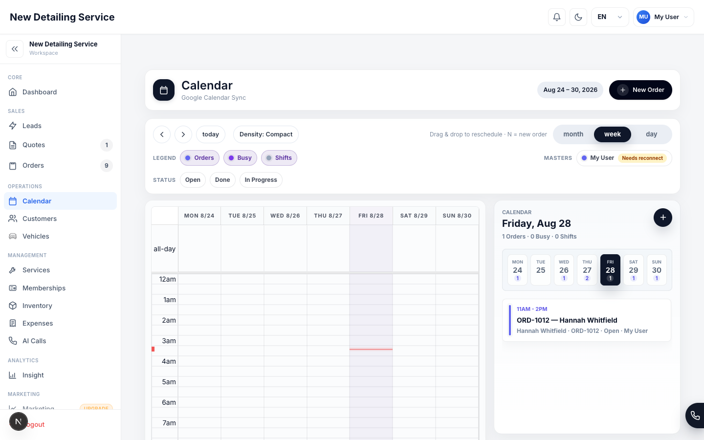 The Calendar screen showing scheduled orders, staff assignment colors, and the team schedule.