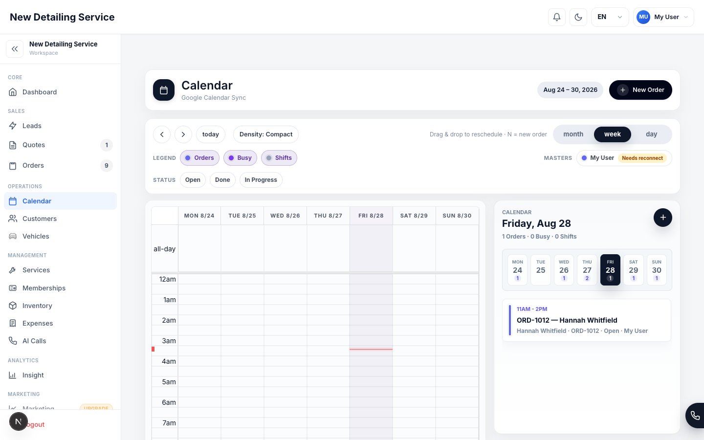 The Calendar screen showing scheduled orders, staff assignment colors, and the team schedule.