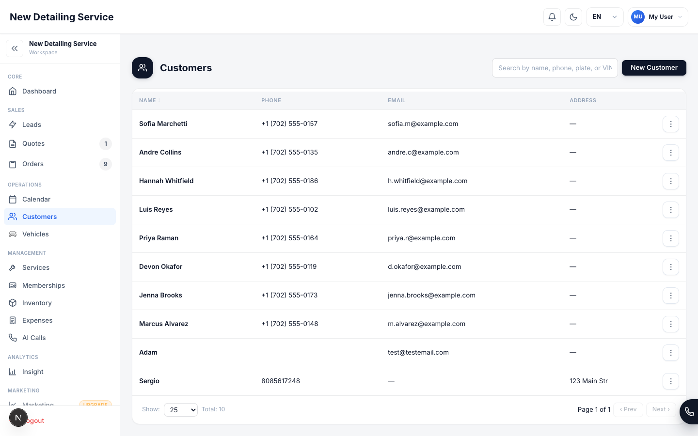 The Customers screen showing customer records with contact details and quick access to their profiles.