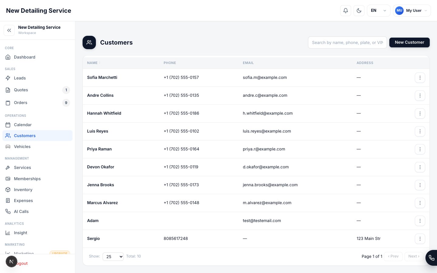 The Customers screen showing customer records with contact details and quick access to their profiles.
