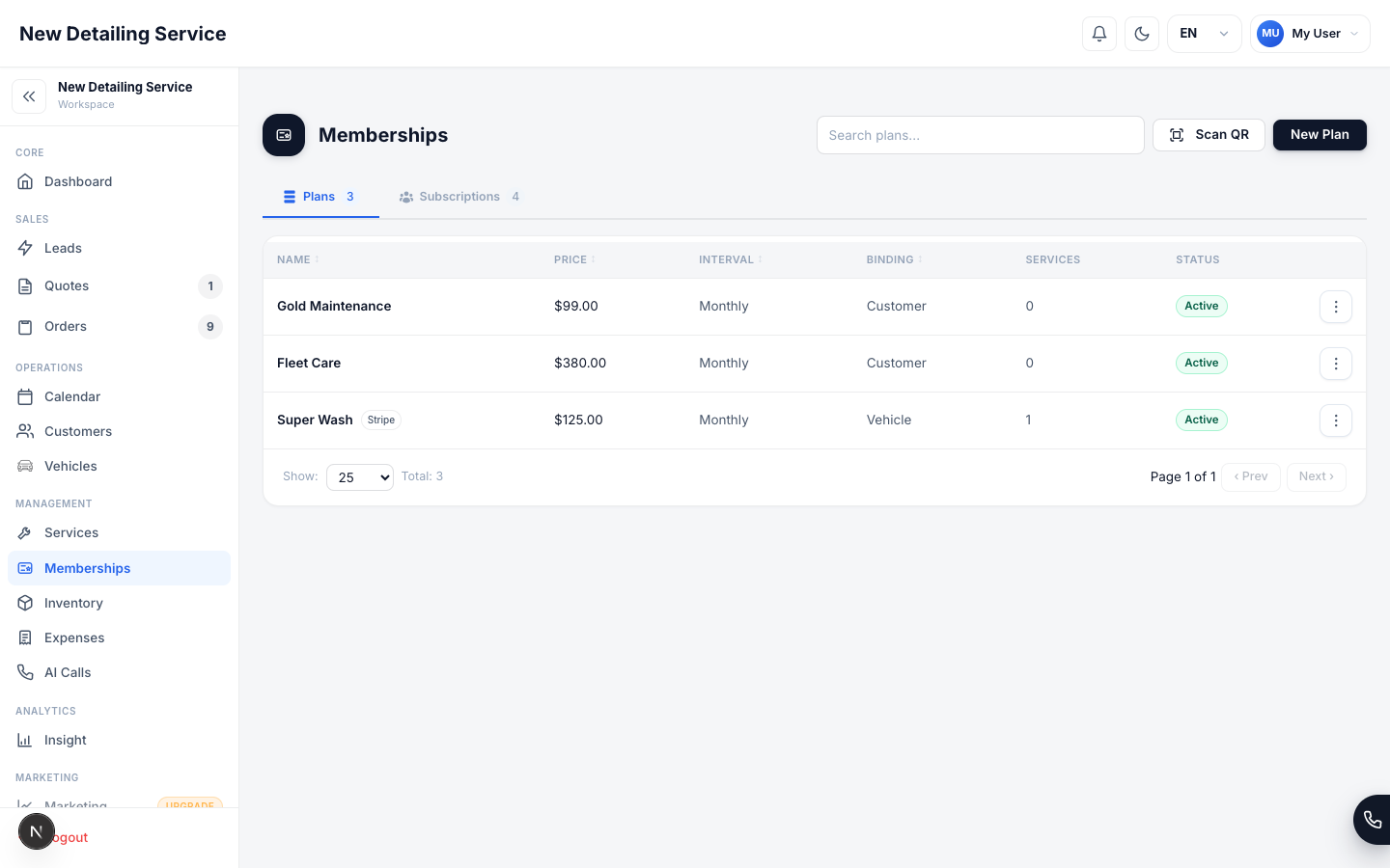 The Memberships screen showing recurring plans.