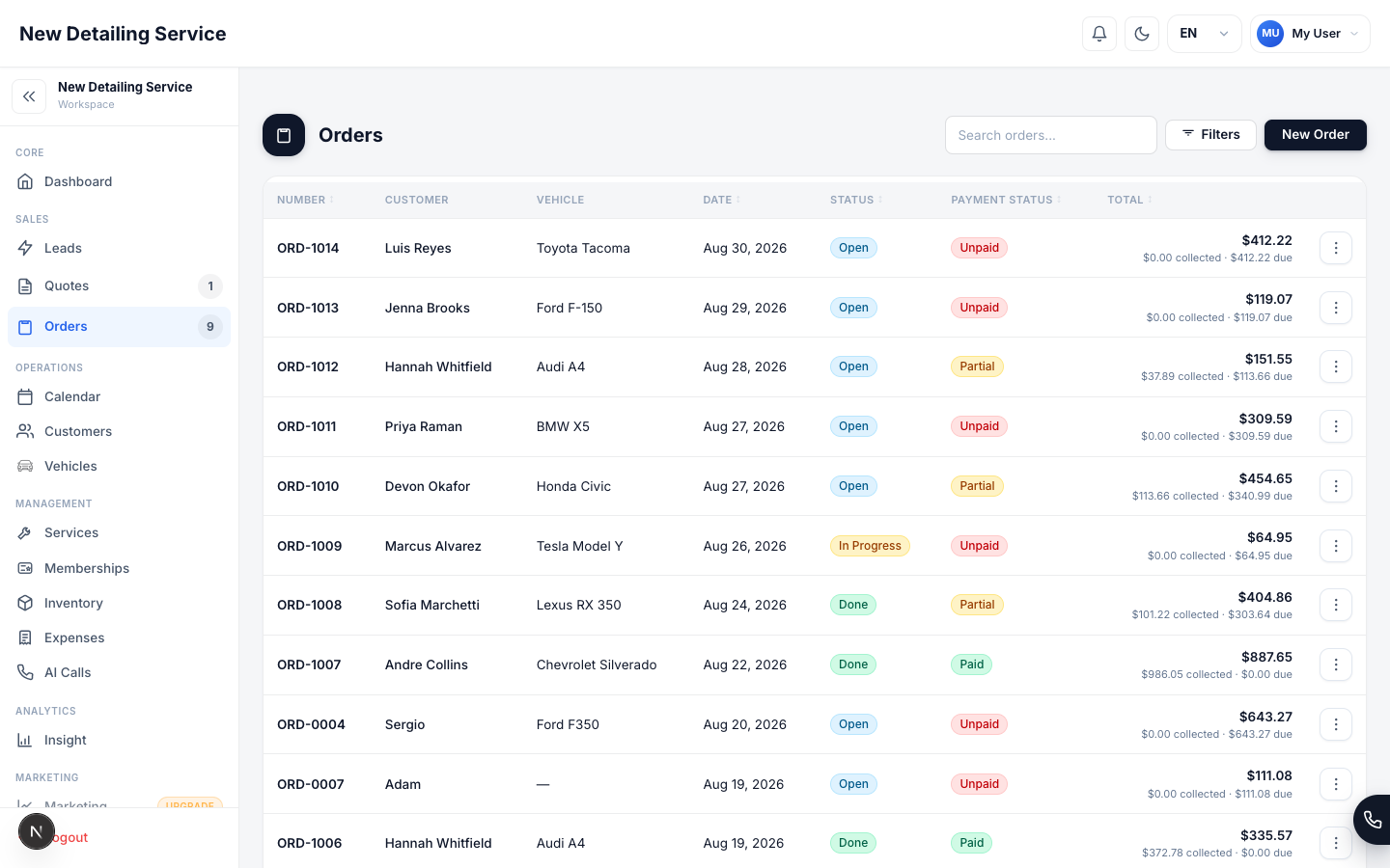 New Order form showing customer search, date/time, assigned staff, status fields, vehicle selection, service line items, materials, discount, tax, and tip.