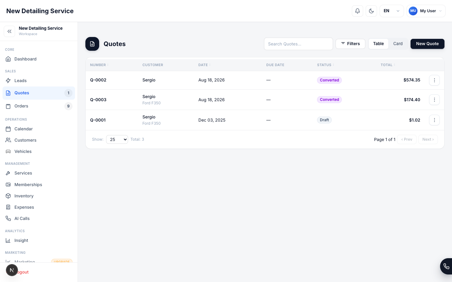 The Quotes screen showing estimate records with customer, vehicle, status, and total details.