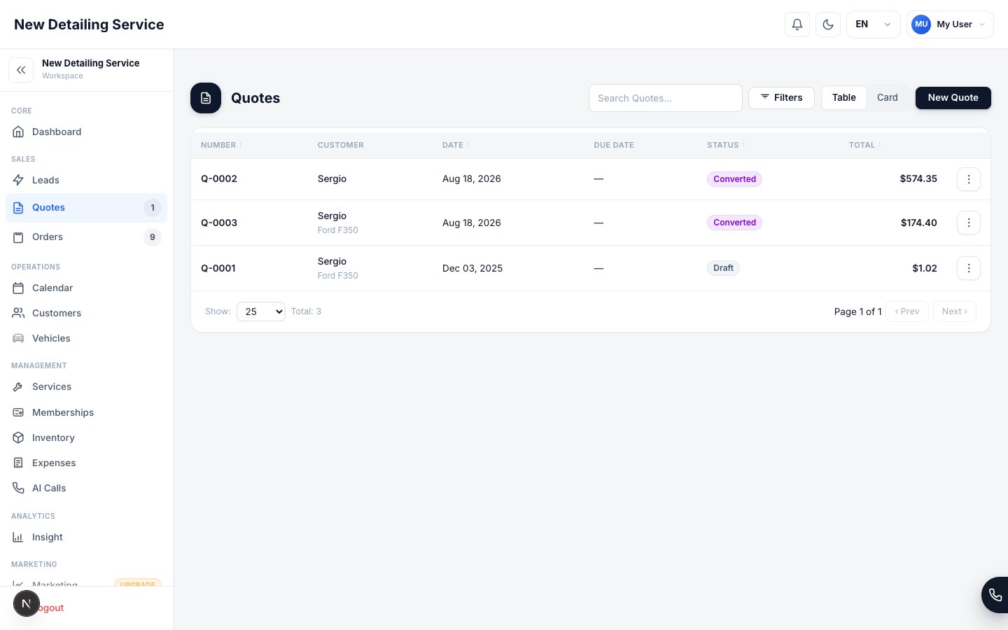 The Quotes screen showing estimate records with customer, vehicle, status, and total details.