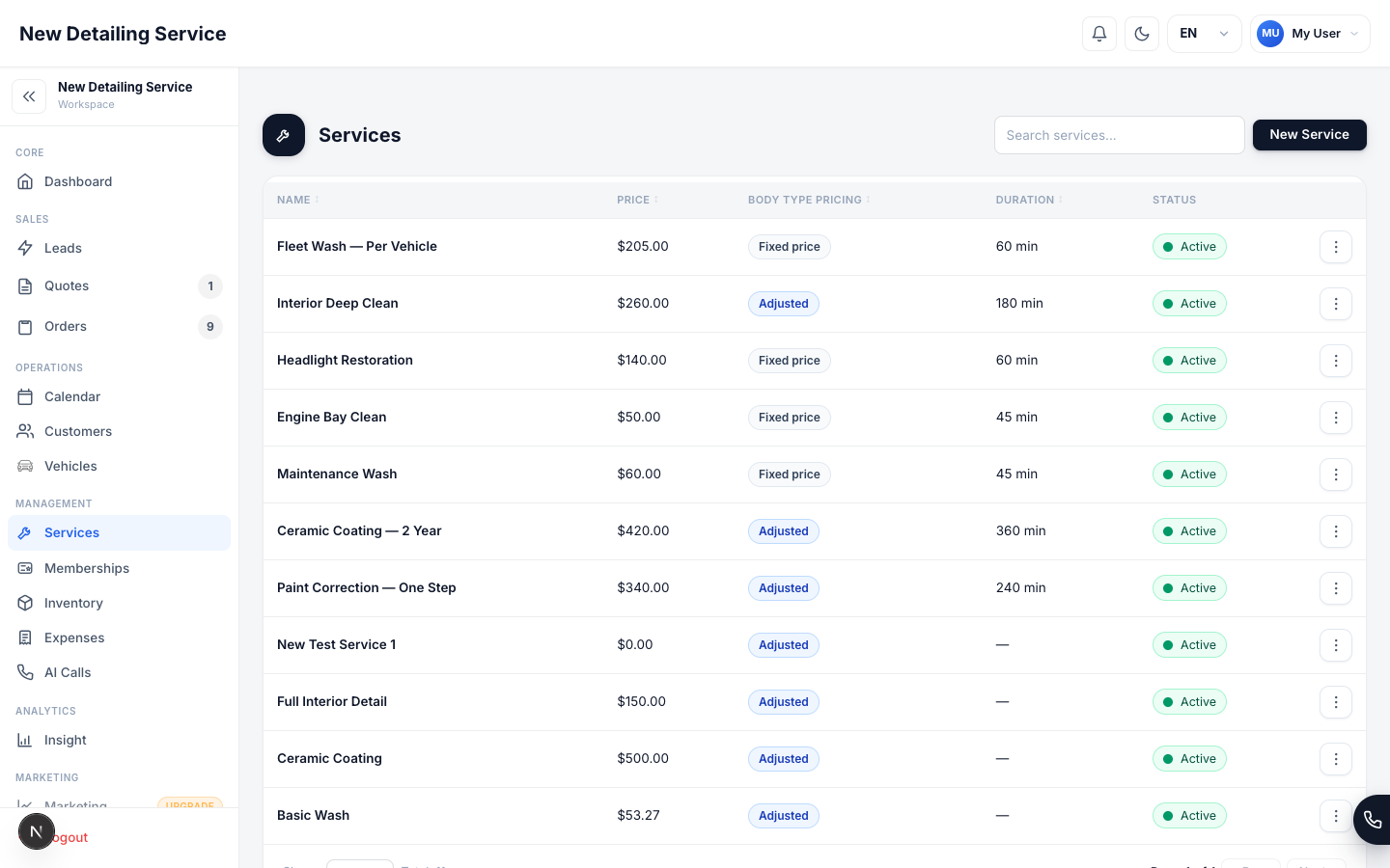 The Services and Pricing screen showing service catalog rows with pricing and configuration controls.