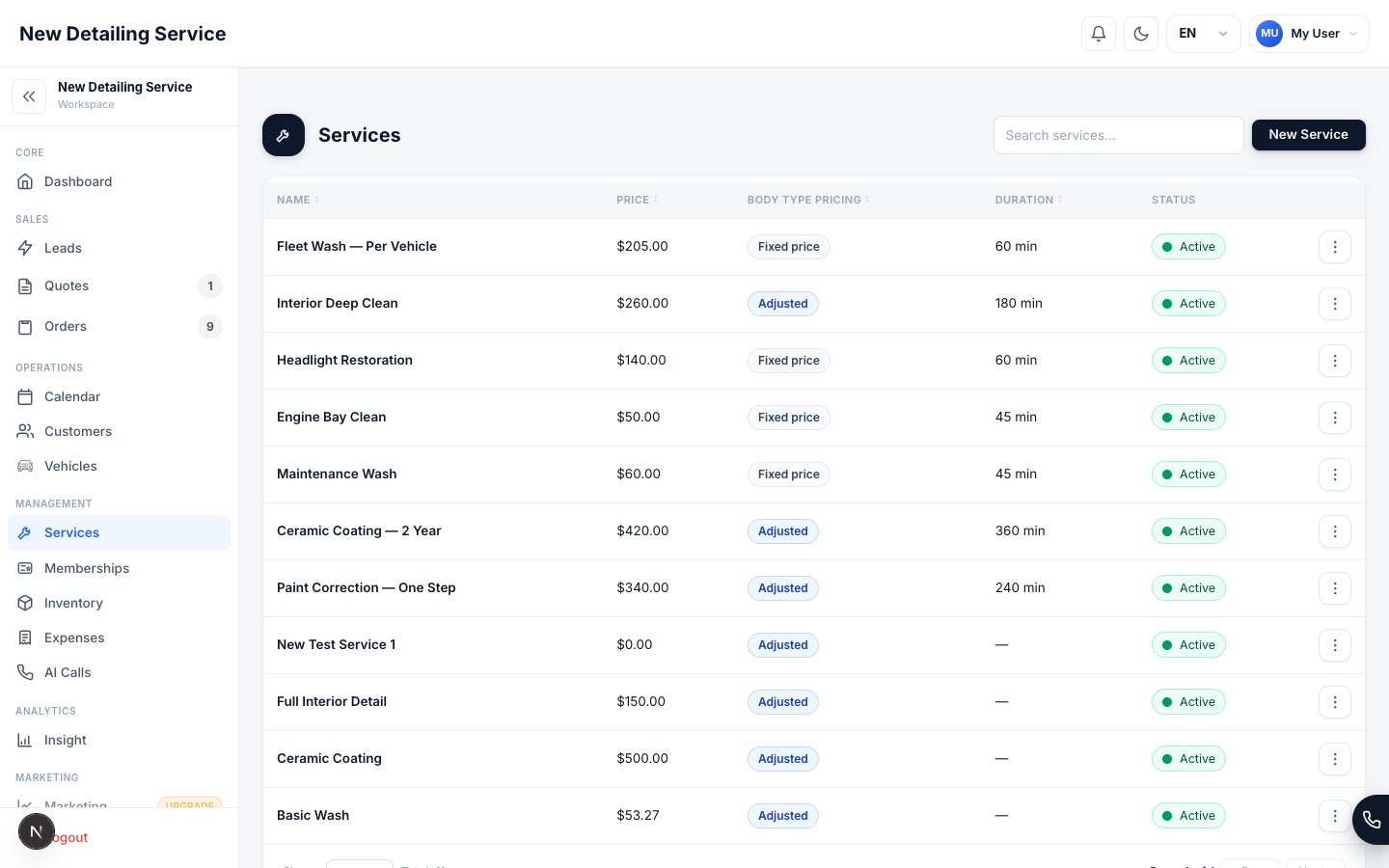 The Services and Pricing screen showing service catalog rows with pricing and configuration controls.