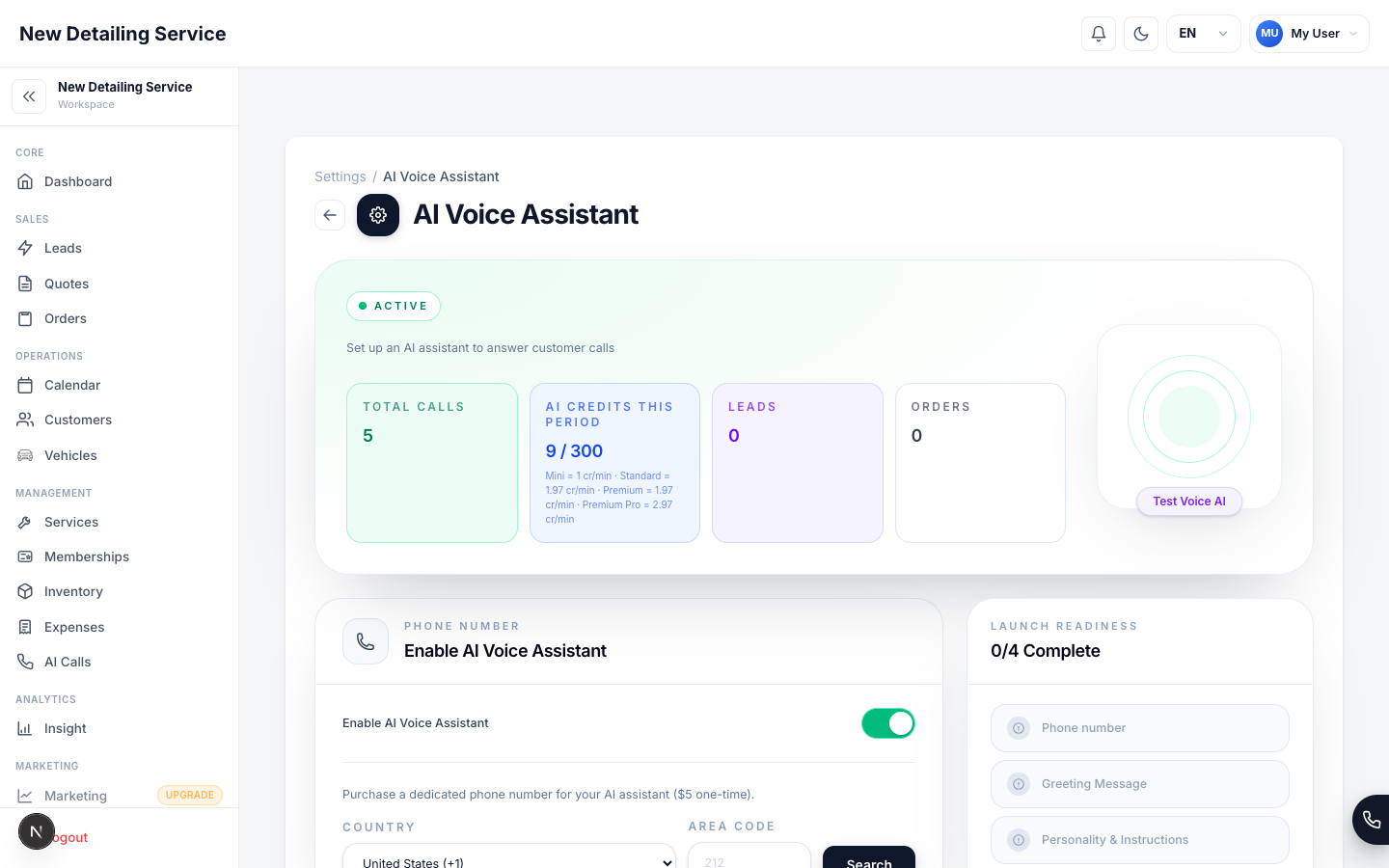 The AI Voice Assistant settings screen with usage stats, setup controls, and launch-readiness checks.
