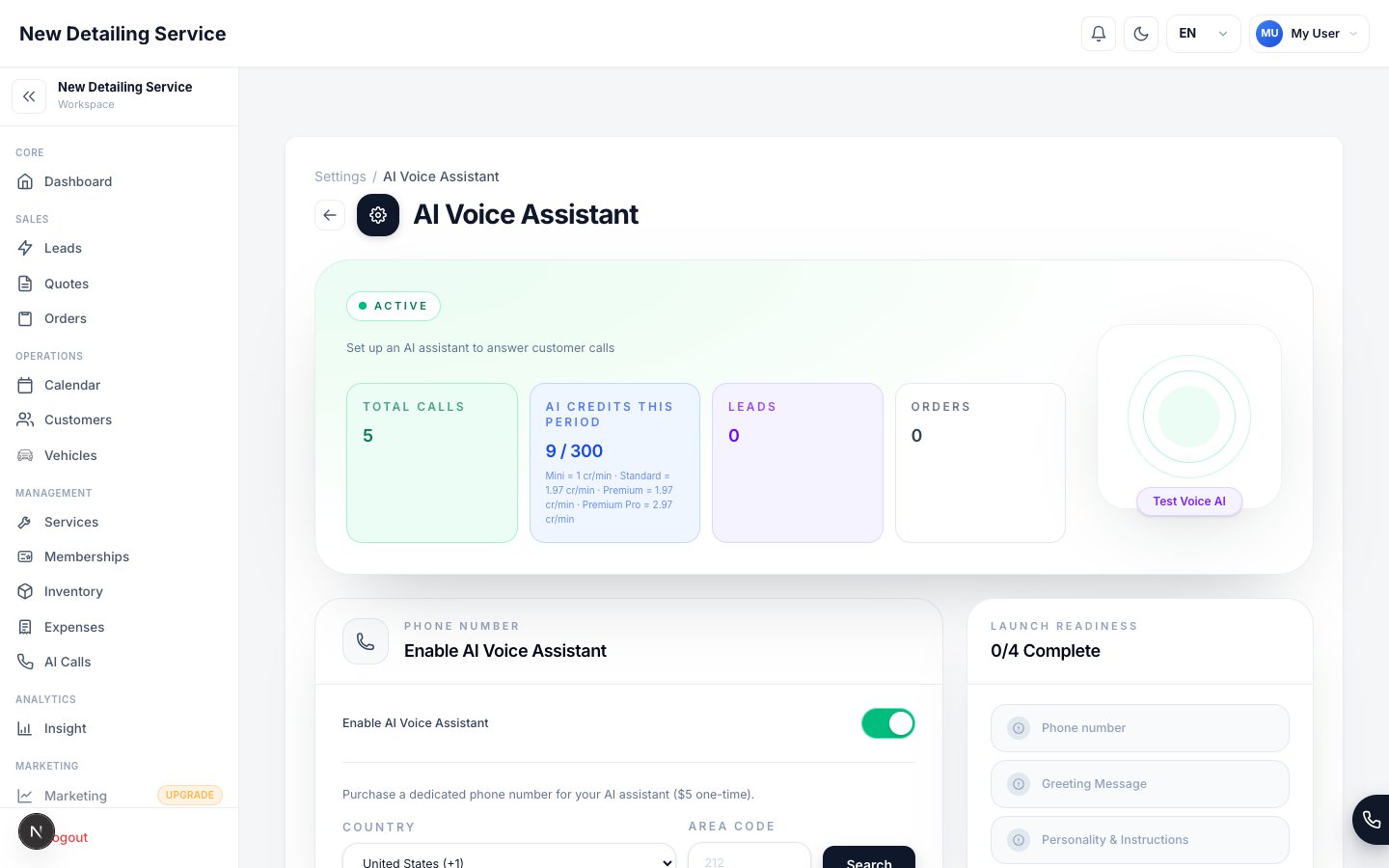 The AI Voice Assistant settings screen with usage stats, setup controls, and launch-readiness checks.