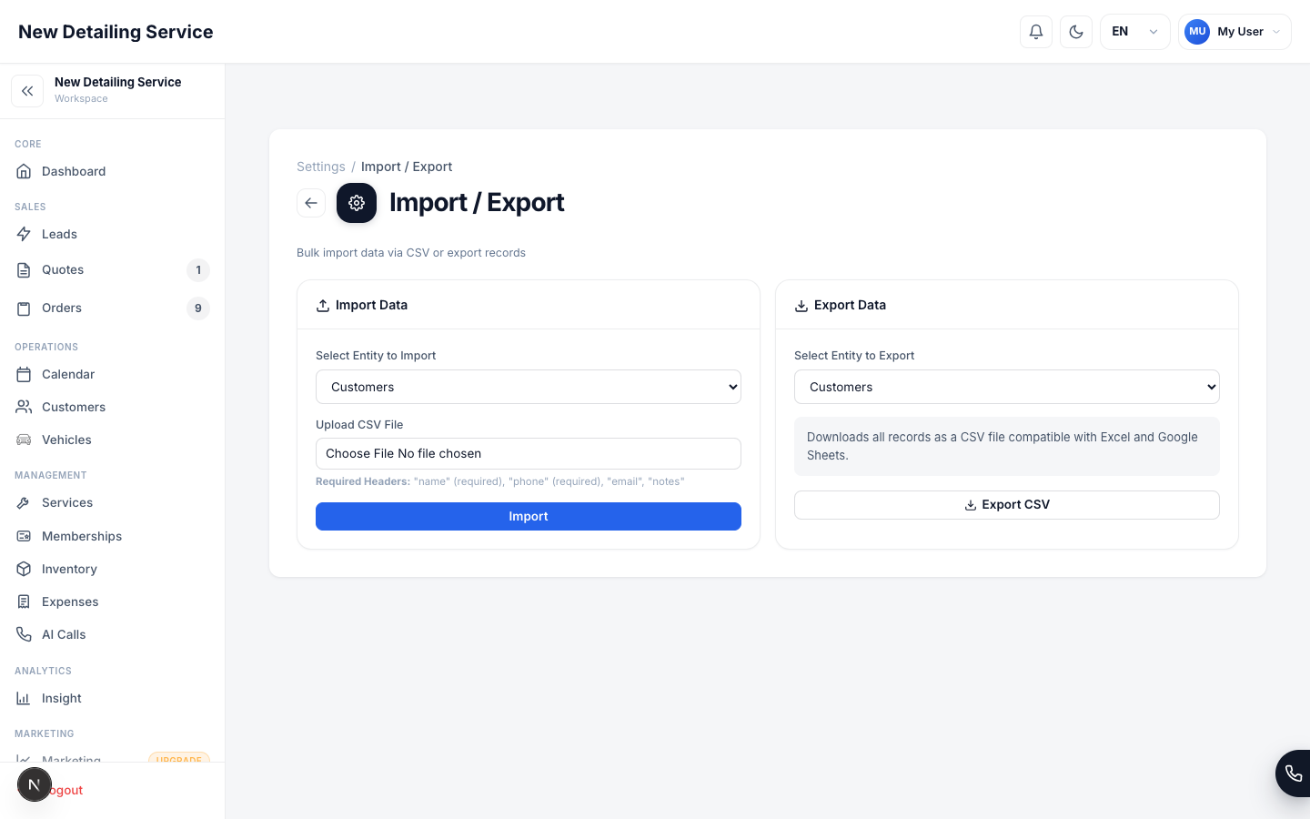 The Import / Export screen showing export options for CRM records.