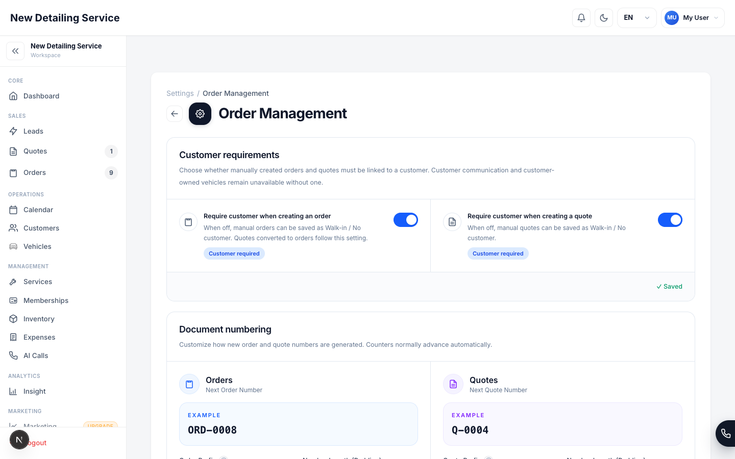 The Order Management settings screen showing customer requirements, document numbering, and order defaults.
