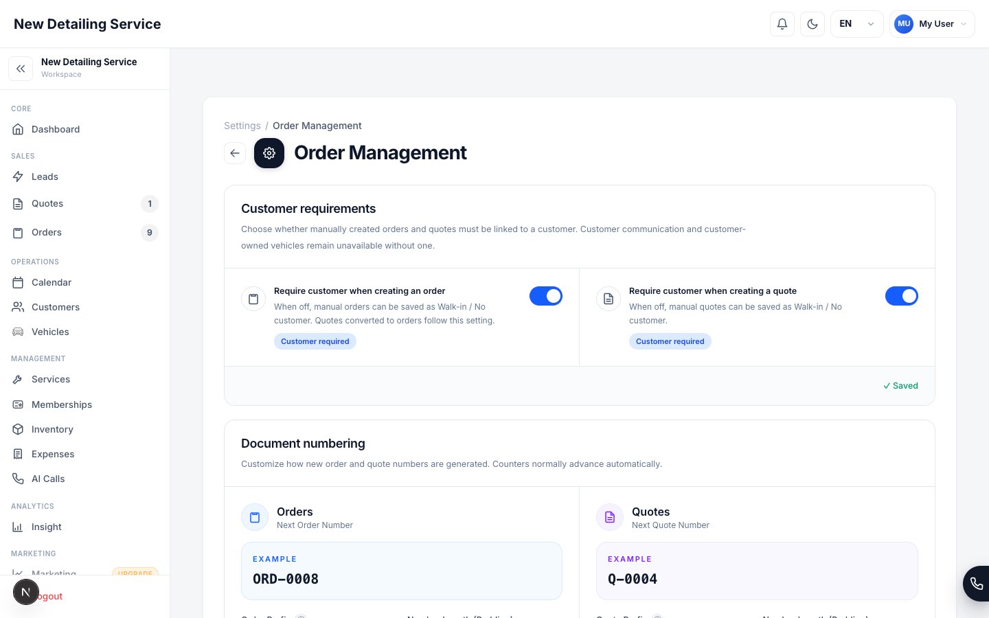The Order Management settings screen showing customer requirements, document numbering, and order defaults.