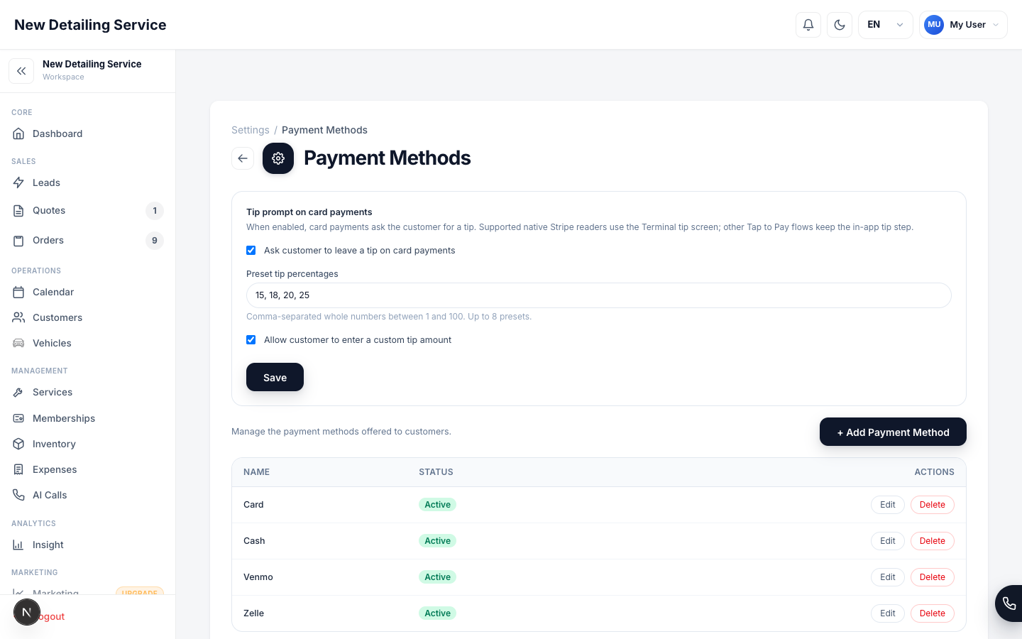 The Payment Methods settings screen listing the methods offered to customers.