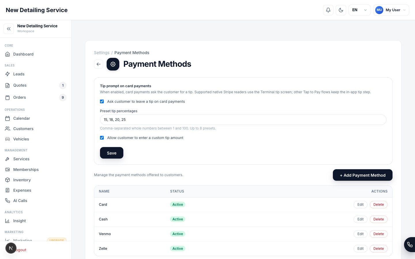 The Payment Methods settings screen listing the methods offered to customers.