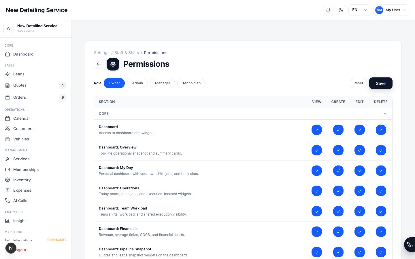 The permissions screen showing roles and per-area access toggles.