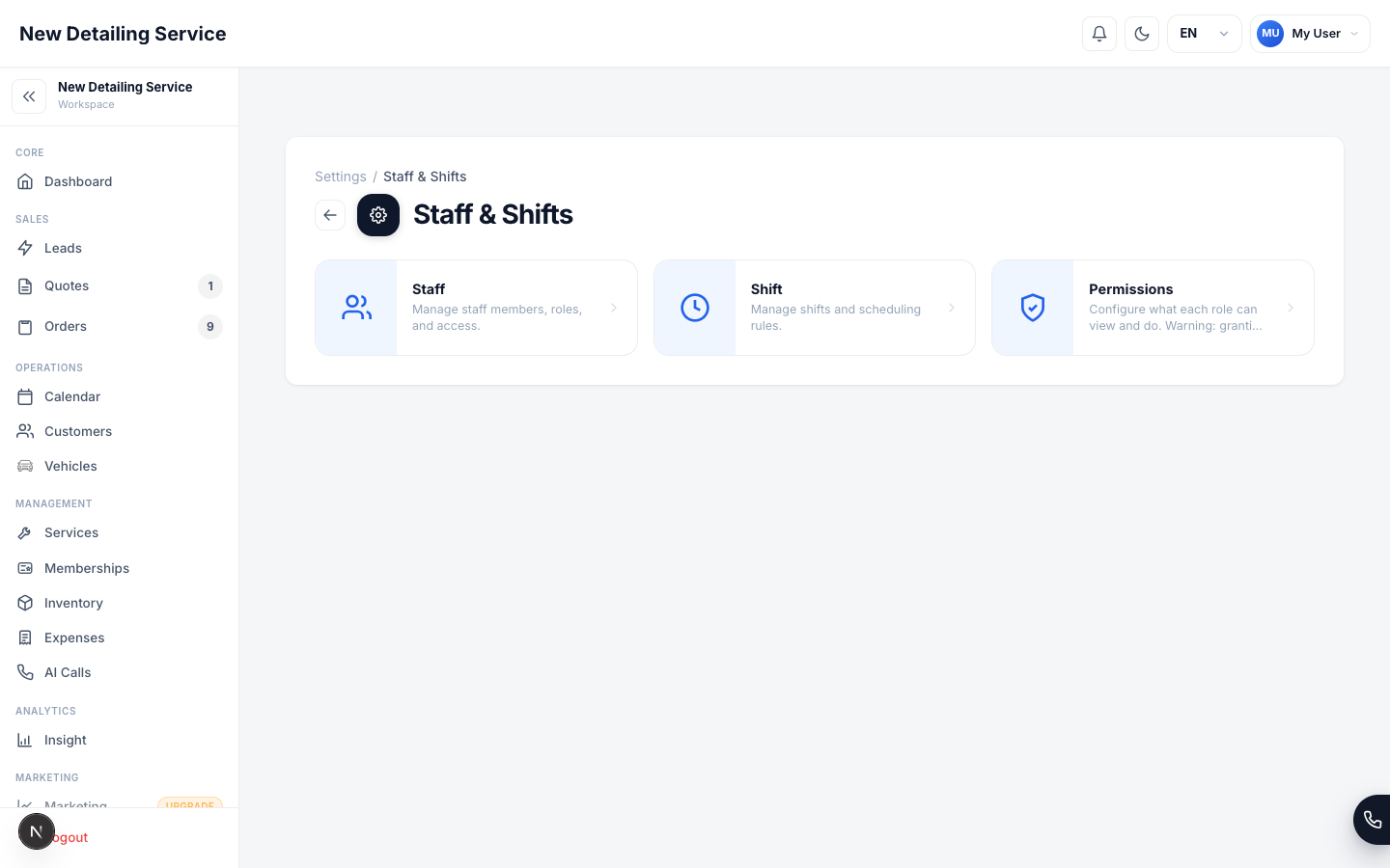The Staff & Shifts settings screen with the Staff, Shift, and Permissions sections.