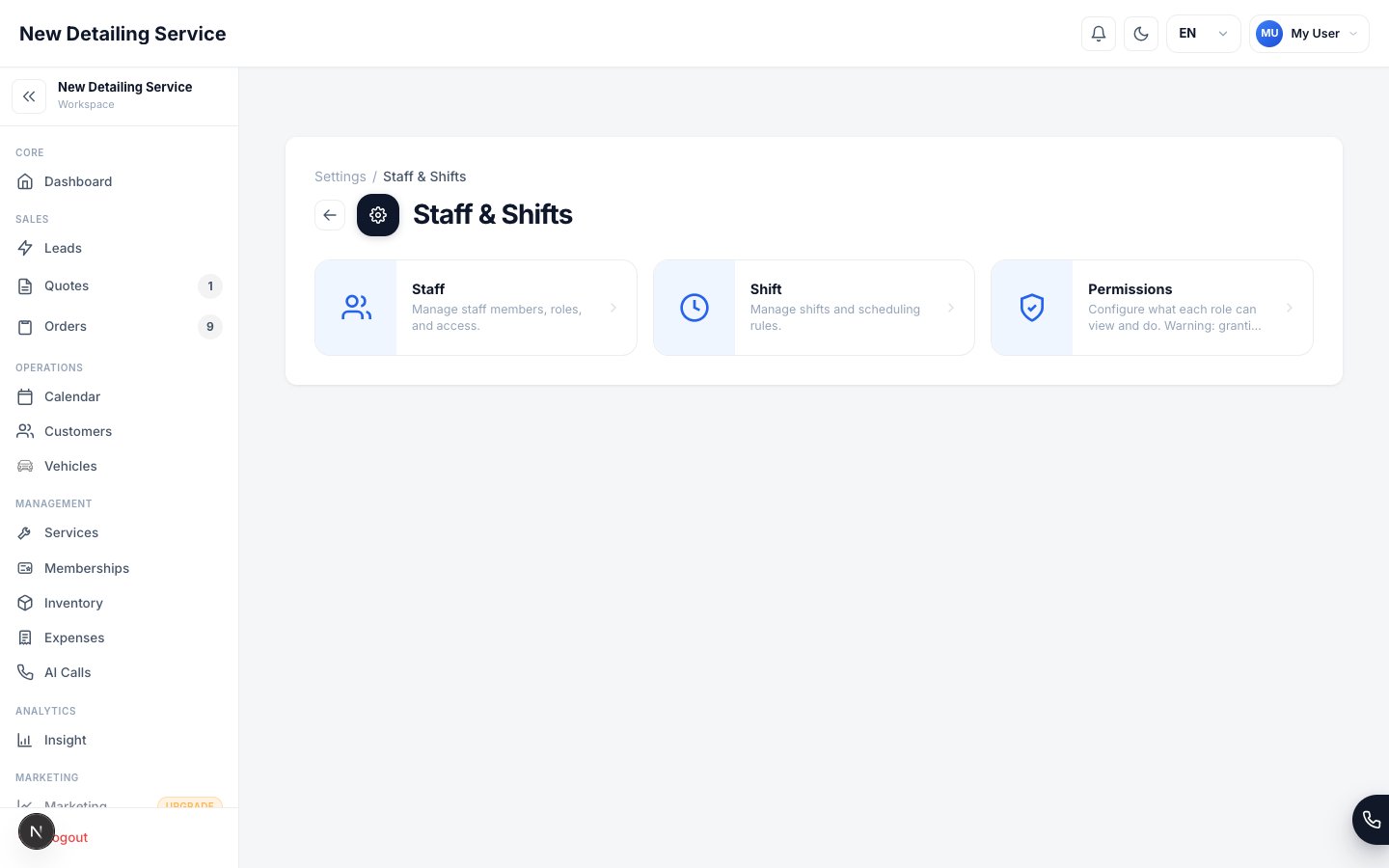 The Staff & Shifts settings screen with the Staff, Shift, and Permissions sections.