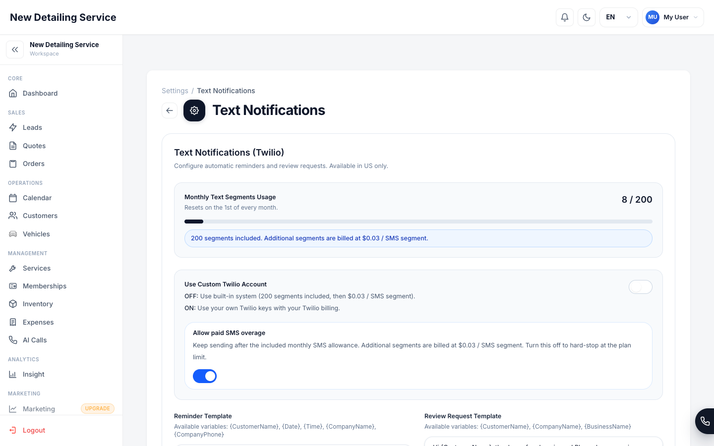 The Text Notifications settings screen showing monthly SMS usage, templates, and custom Twilio configuration.
