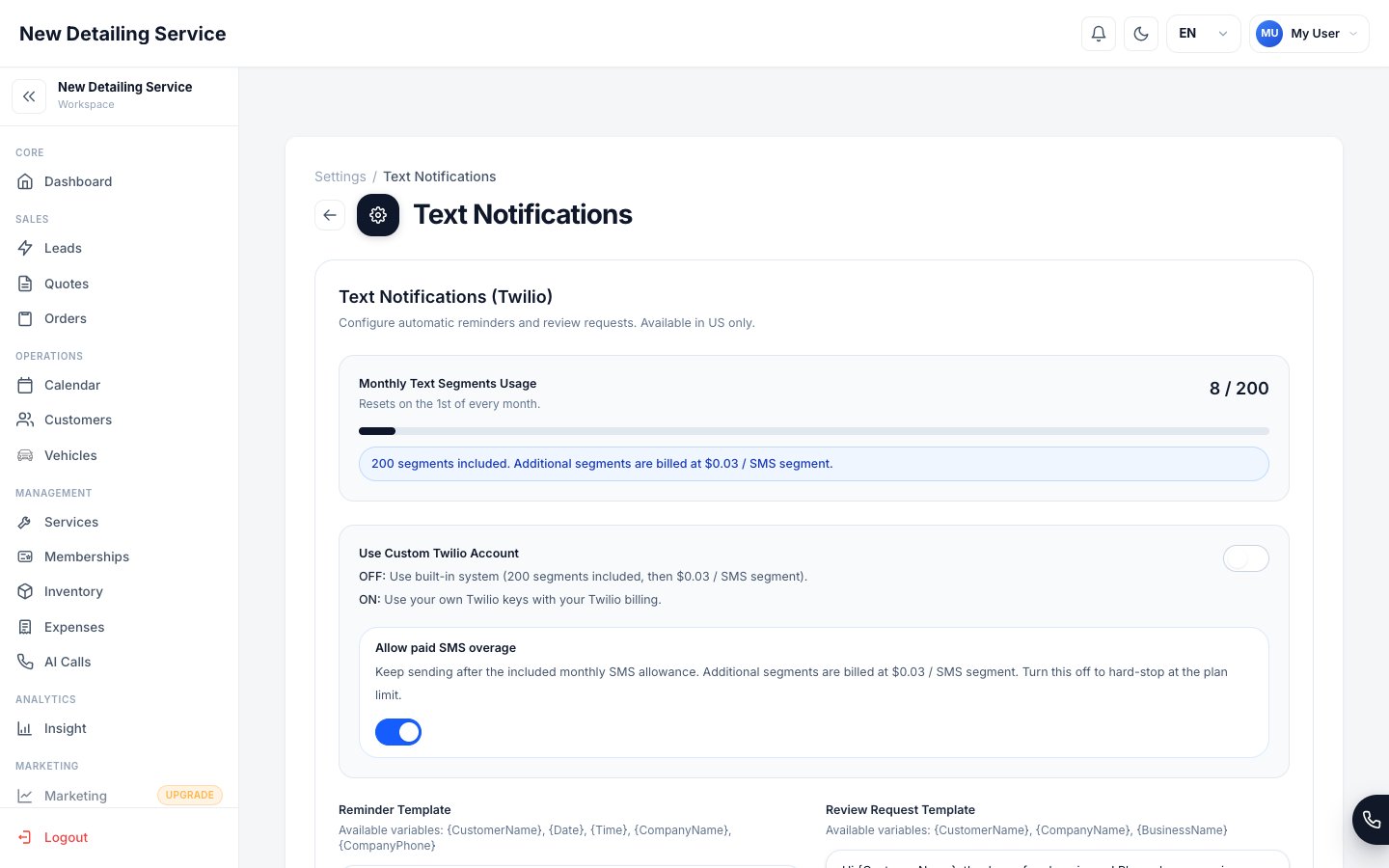 The Text Notifications settings screen showing monthly SMS usage, templates, and custom Twilio configuration.