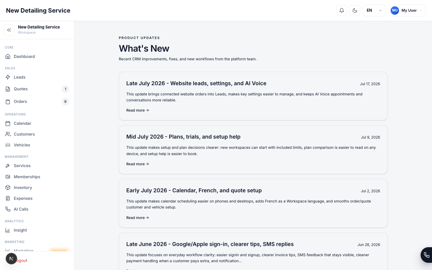 The What's New screen showing dated release notes with a short summary of each update.