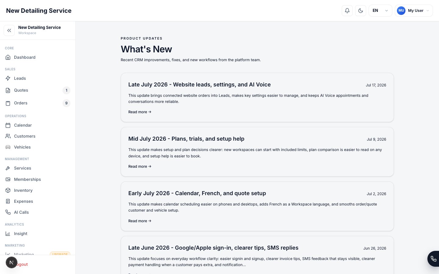 The What's New screen showing dated release notes with a short summary of each update.
