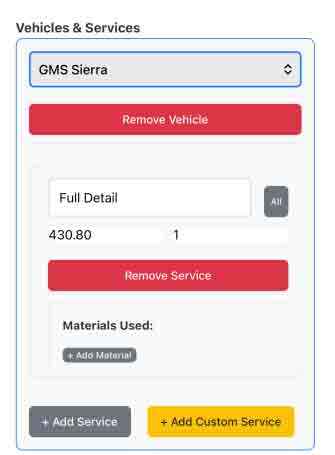 Order form section showing selected vehicle, services, and materials area.