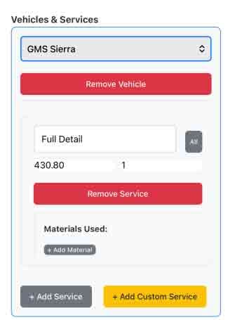 Order form section showing selected vehicle, services, and materials area.
