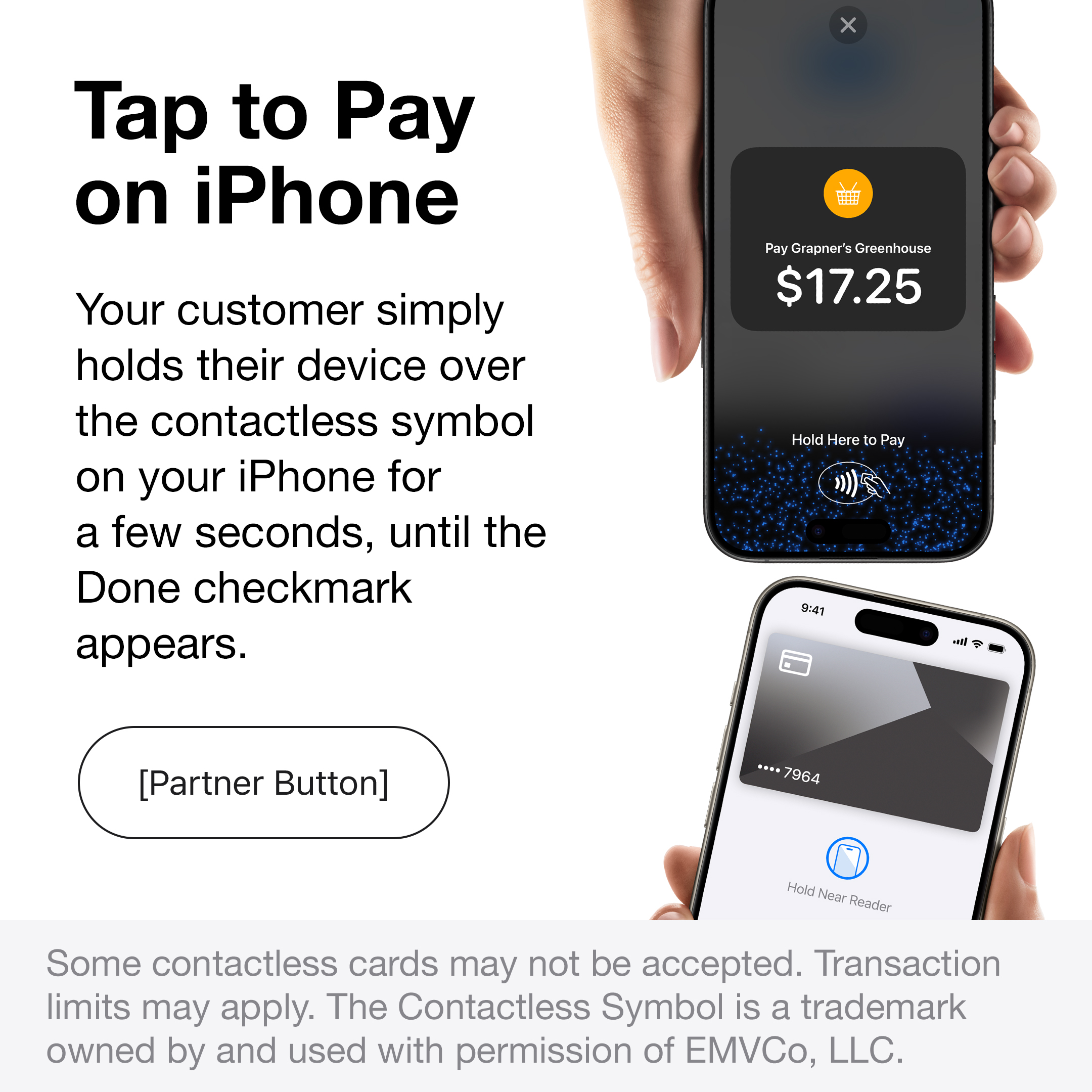 Tap to Pay checkout flow on iPhone showing the payment screen a customer sees when tapping to pay.