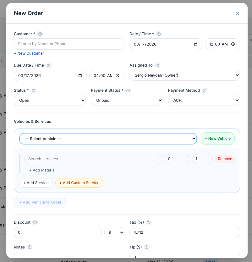 New Order form showing customer search, date/time, assigned staff, status fields, vehicle selection, service line items, materials, discount, tax, and tip.